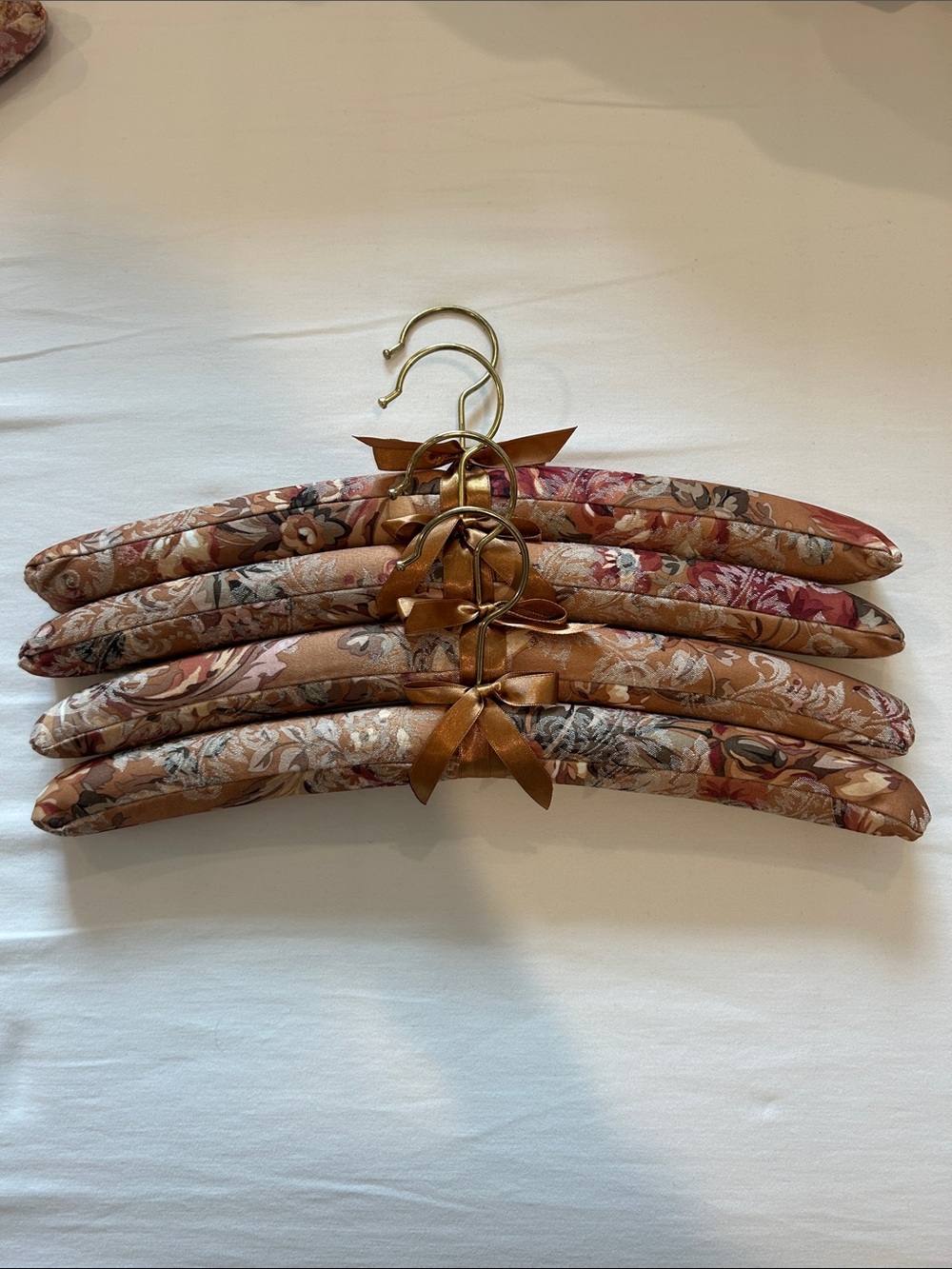 Set of 4 Padded Floral Fabric Hangers in Warm Tan/Brown
